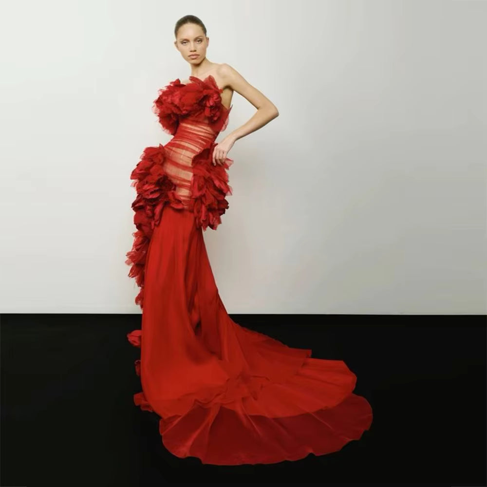 Elegant Strapless Mermaid Prom See Through Ruffles Sweep Train Formal Evening Maxi Dress