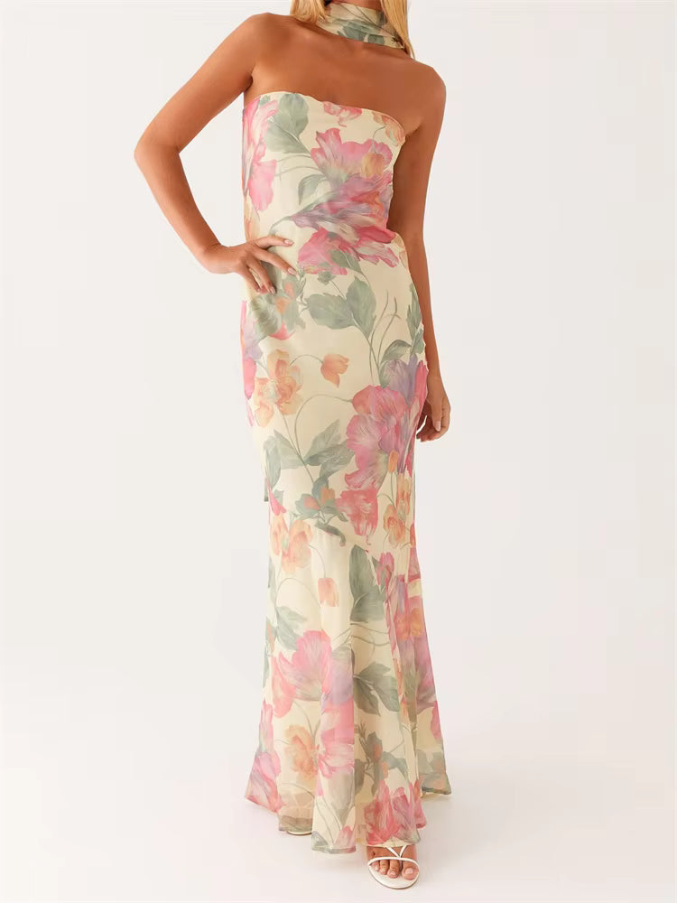 Elegant Strapless Off Shoulder Floral Print Long Maxi Tube Dress