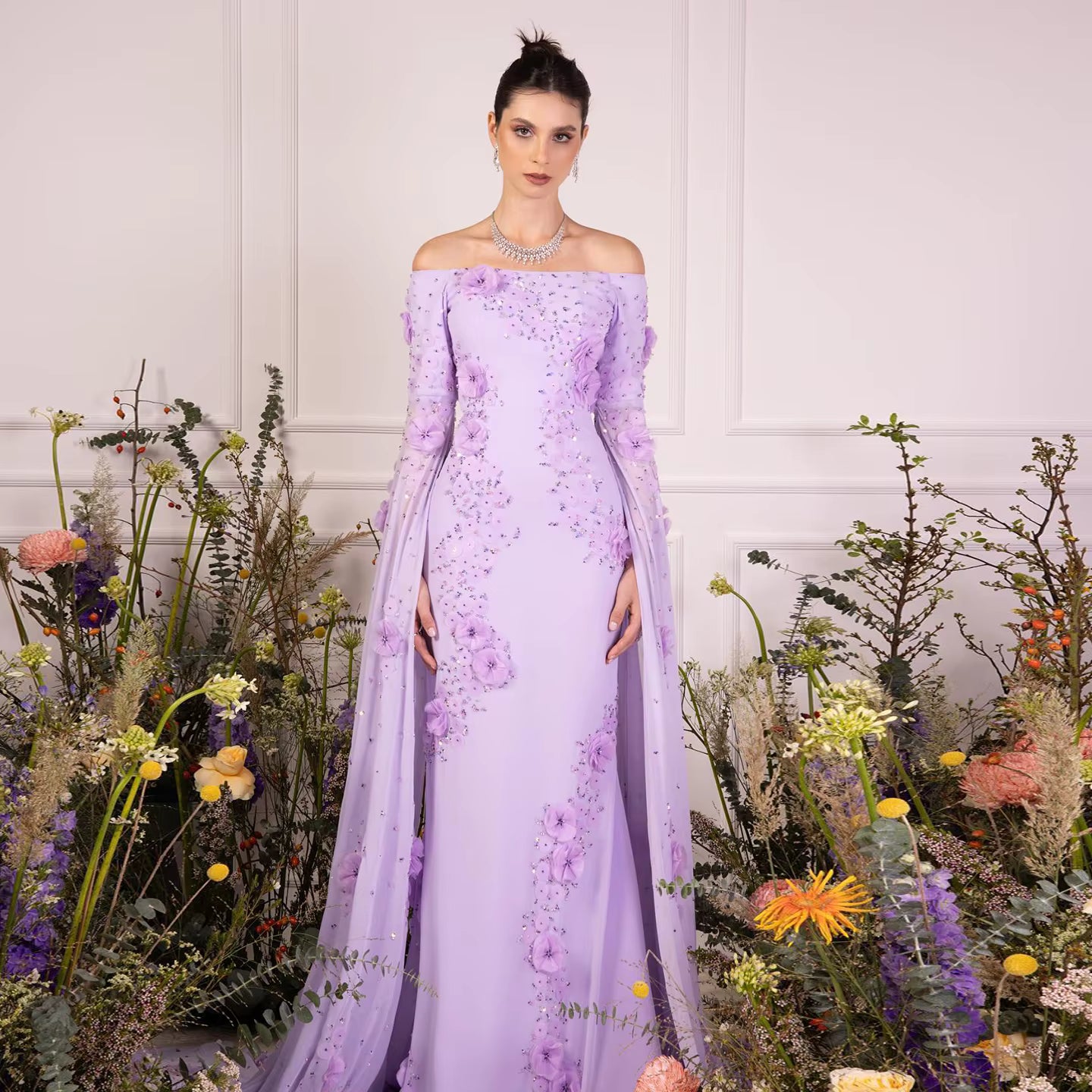 Elegant Strapless Off Shoulder RUFFLES 3D Flowers with Cape Sleeves Evening Dress