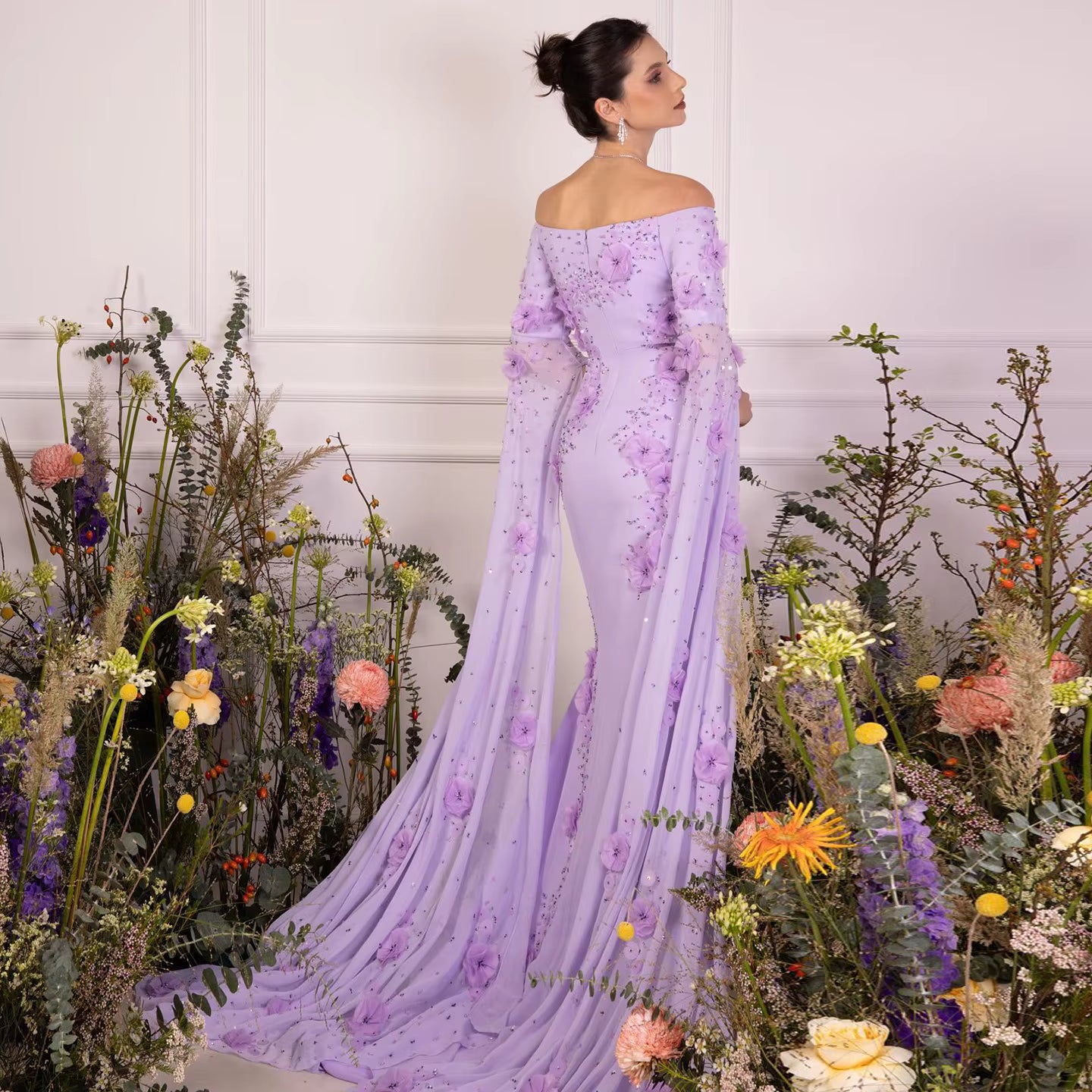Elegant Strapless Off Shoulder RUFFLES 3D Flowers with Cape Sleeves Evening Dress