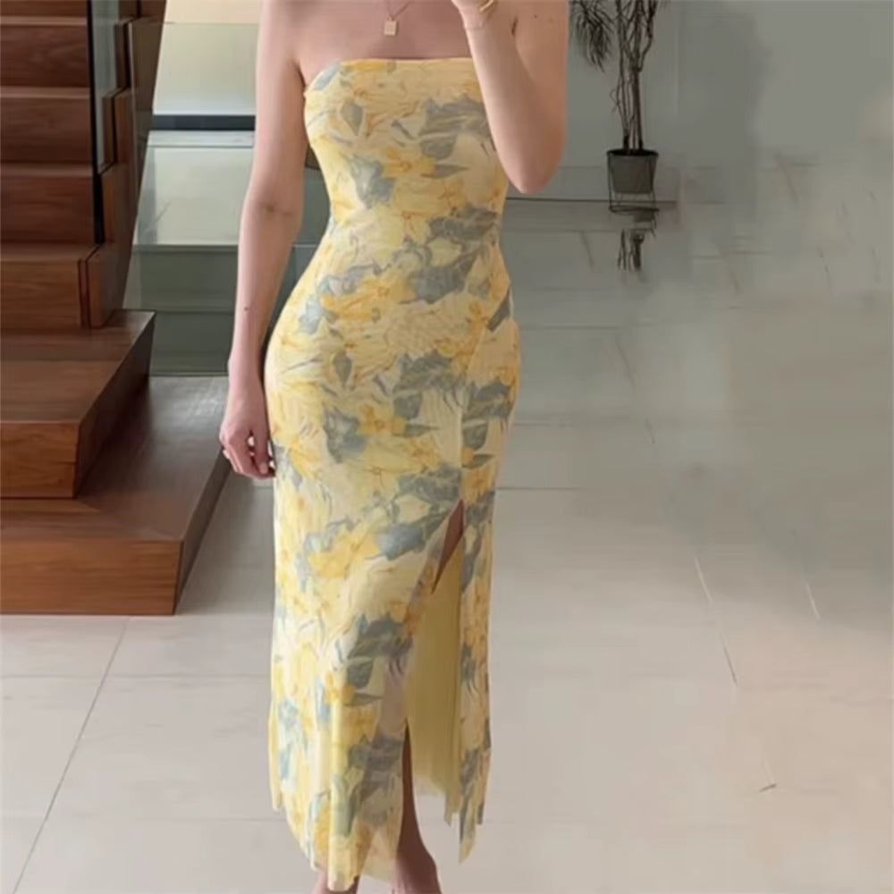 Elegant Strapless One Line Collar Printed Tulle Strapless Maxi Dress