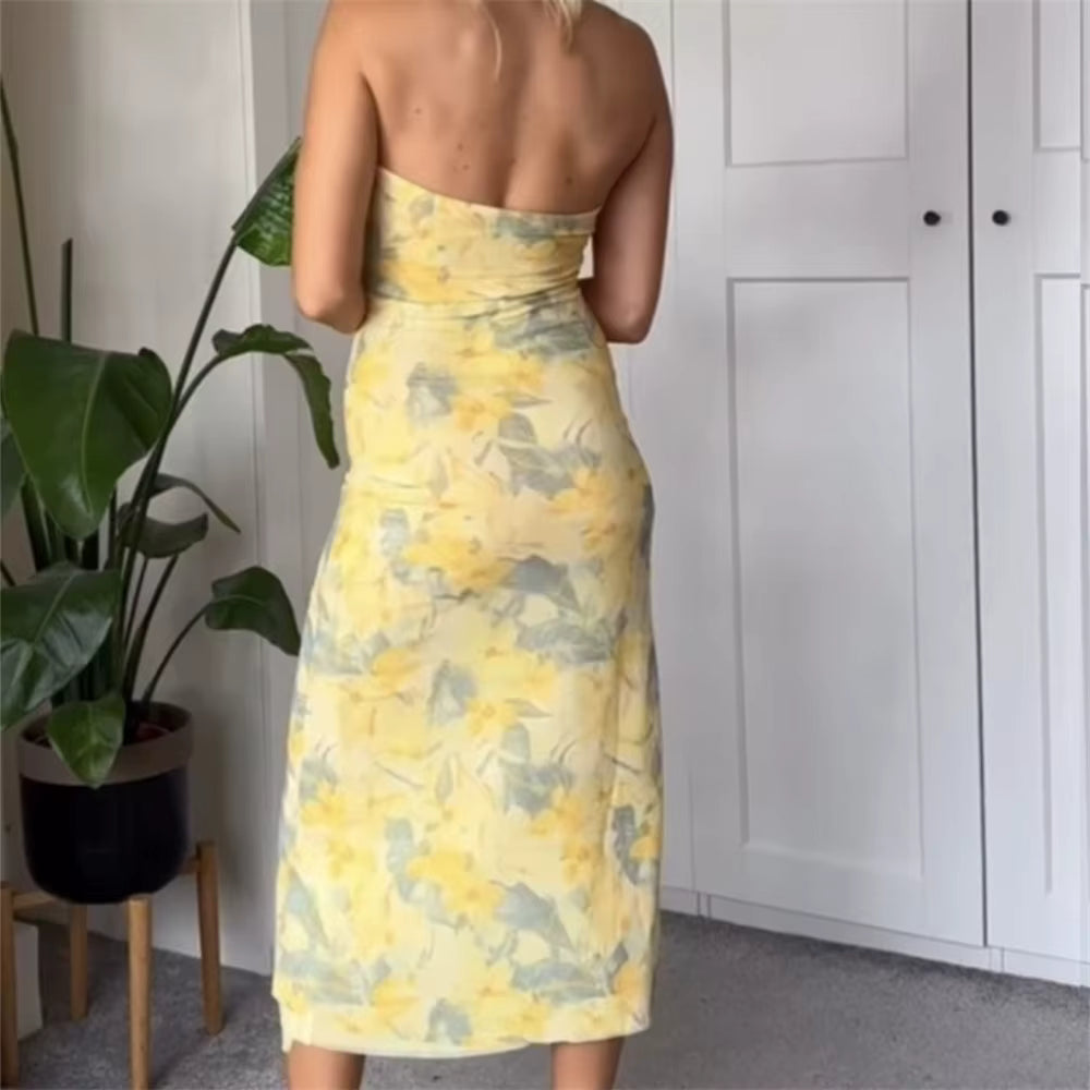 Elegant Strapless One Line Collar Printed Tulle Strapless Maxi Dress