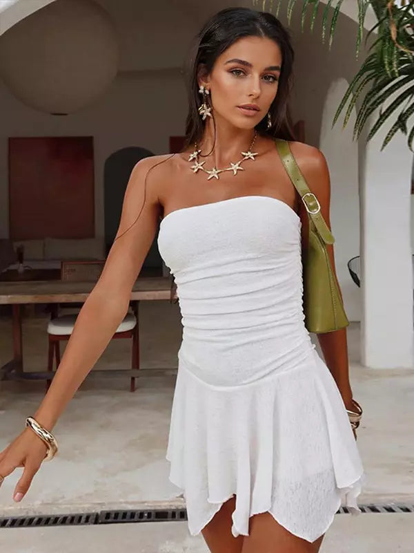 Elegant Strapless Pleated Ruched With Asymmetrical Hem Mini Dress