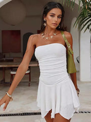 Elegant Strapless Pleated Ruched With Asymmetrical Hem Mini Dress