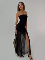 Elegant Strapless Polyester Sheer High Slit Sleeveless Long Dress