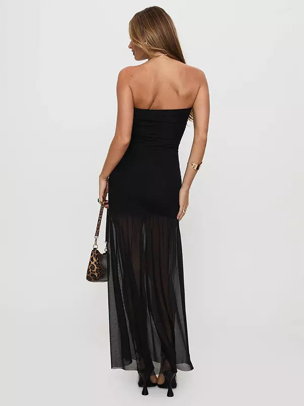 Elegant Strapless Polyester Sheer High Slit Sleeveless Long Dress
