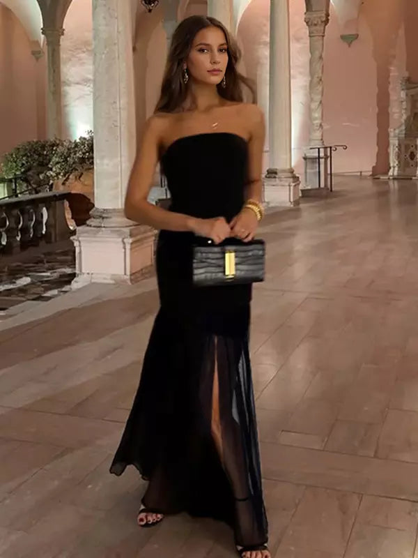 Elegant Strapless Polyester Sheer High Slit Sleeveless Long Dress