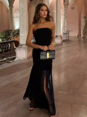 Elegant Strapless Polyester Sheer High Slit Sleeveless Long Dress
