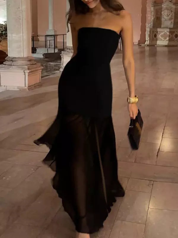 Elegant Strapless Polyester Sheer High Slit Sleeveless Long Dress