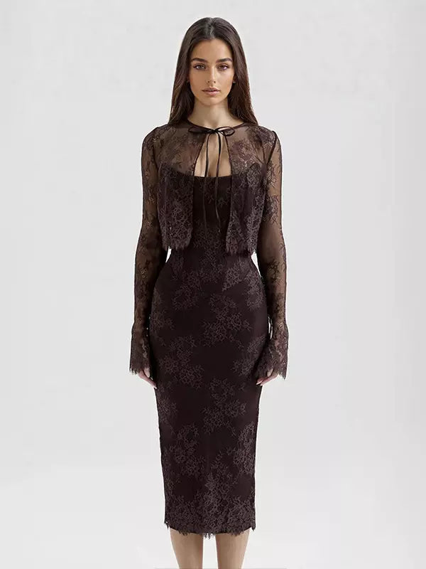 Elegant Strapless Printed Sleeveless Lace With Sheer Backless Midi Dress