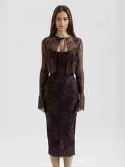 Elegant Strapless Printed Sleeveless Lace With Sheer Backless Midi Dress