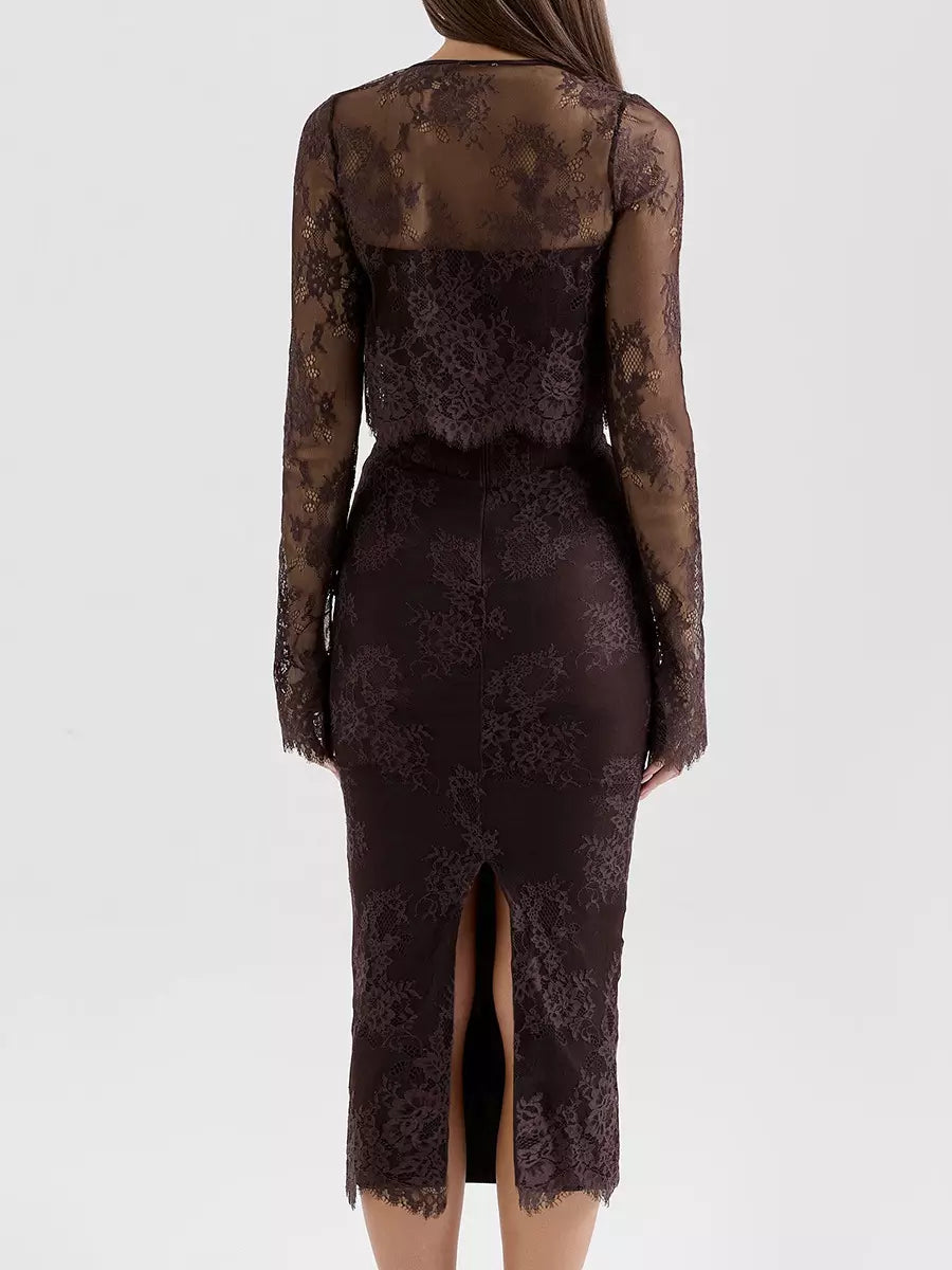 Elegant Strapless Printed Sleeveless Lace With Sheer Backless Midi Dress