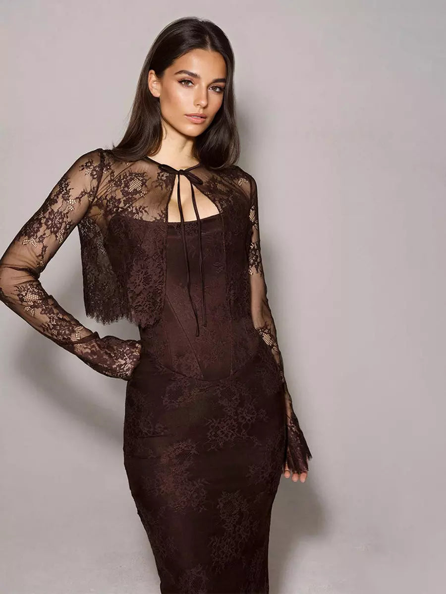 Elegant Strapless Printed Sleeveless Lace With Sheer Backless Midi Dress