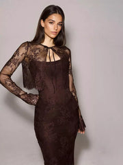 Elegant Strapless Printed Sleeveless Lace With Sheer Backless Midi Dress