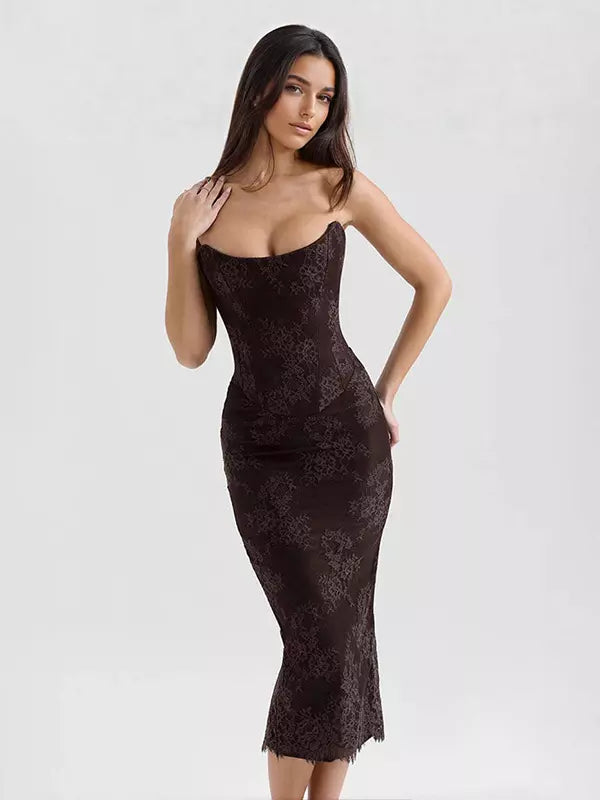 Elegant Strapless Printed Sleeveless Lace With Sheer Backless Midi Dress