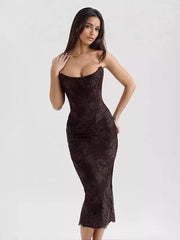 Elegant Strapless Printed Sleeveless Lace With Sheer Backless Midi Dress