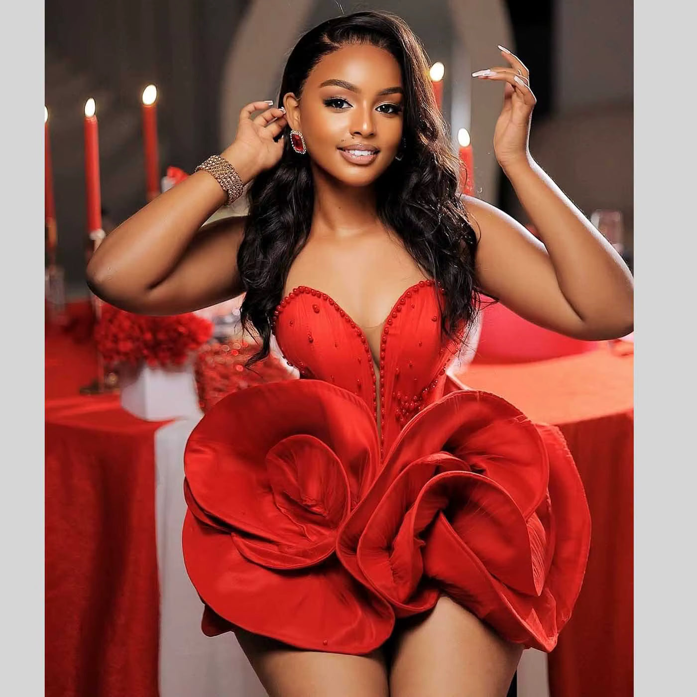 Elegant Strapless Ruffle Curly Flower Unique Birthday Party Mini Dress