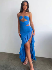 Elegant Strapless Ruffles Sleeveless Polyester Backless Club Maxi Dress