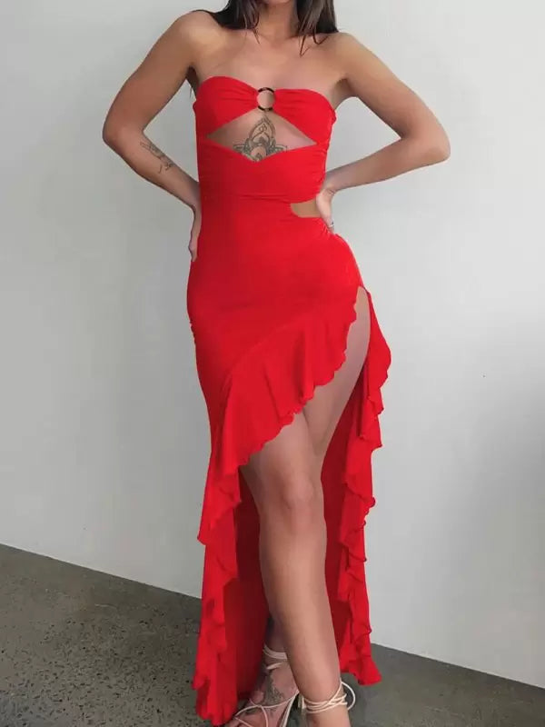 Elegant Strapless Ruffles Sleeveless Polyester Backless Club Maxi Dress