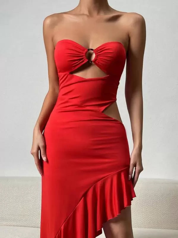 Elegant Strapless Ruffles Sleeveless Polyester Backless Club Maxi Dress