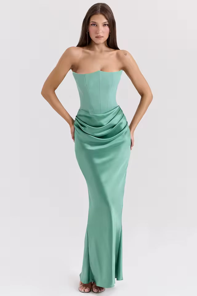 Elegant Strapless Satin Prom Party Long Corset Maxi Gala Dresses
