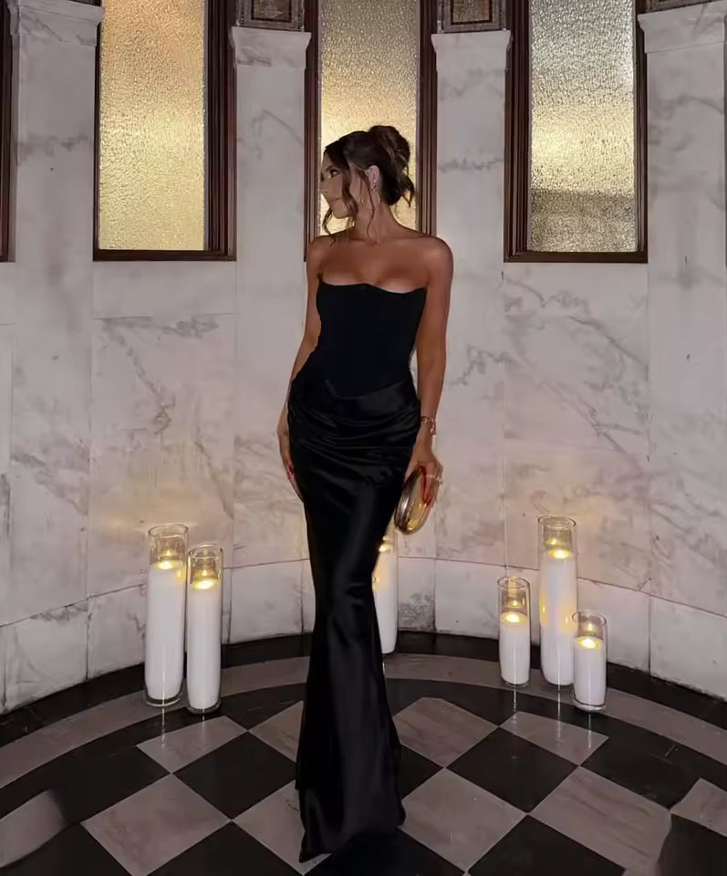 Elegant Strapless Satin Prom Party Long Corset Maxi Gala Dresses