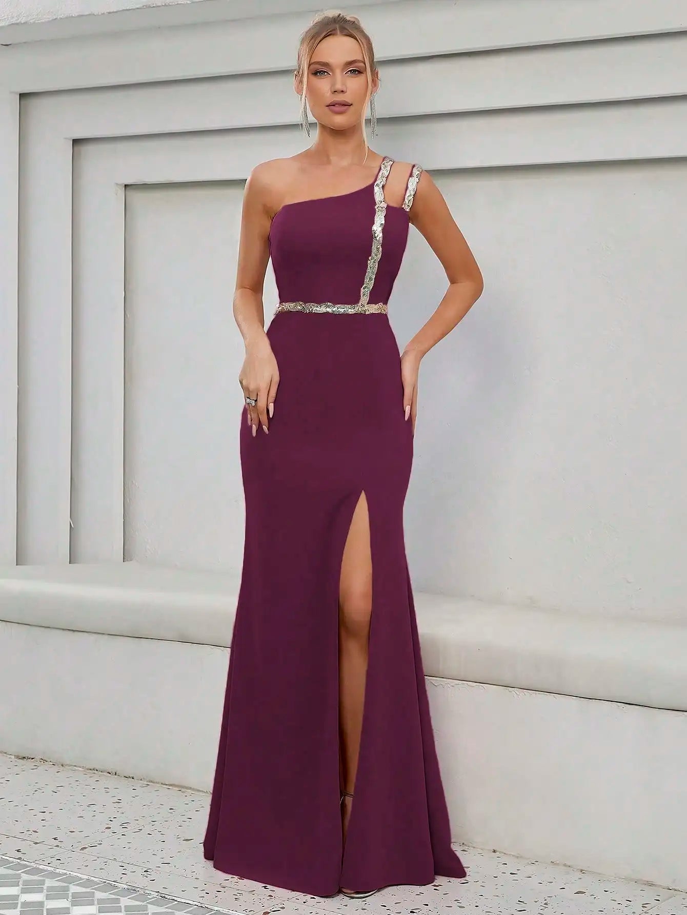 Elegant Strapless Sequin Ribbon Slit Backless Evening Party Ball Bridesmaid Maxi Dress  