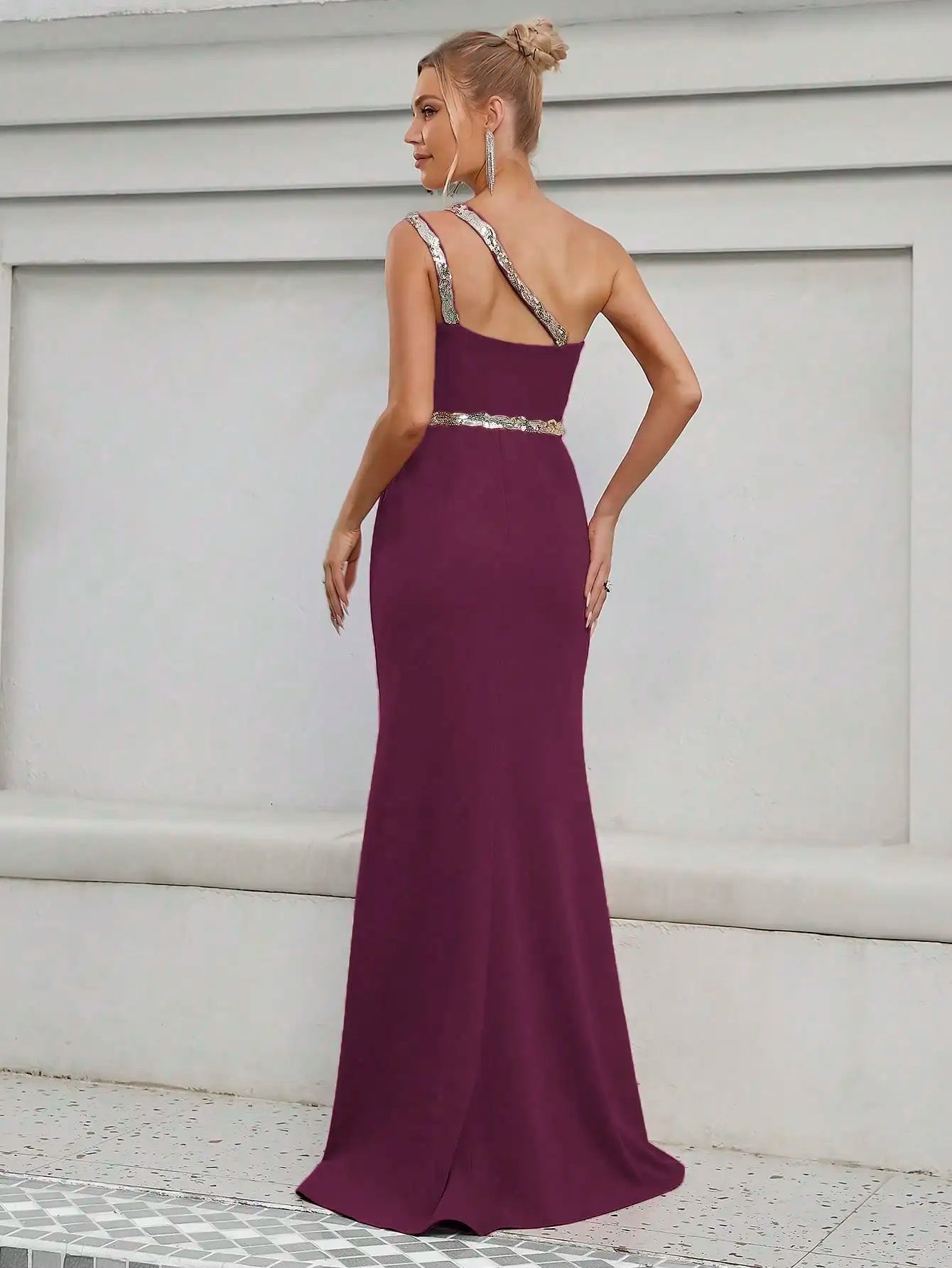 Elegant Strapless Sequin Ribbon Slit Backless Evening Party Ball Bridesmaid Maxi Dress  