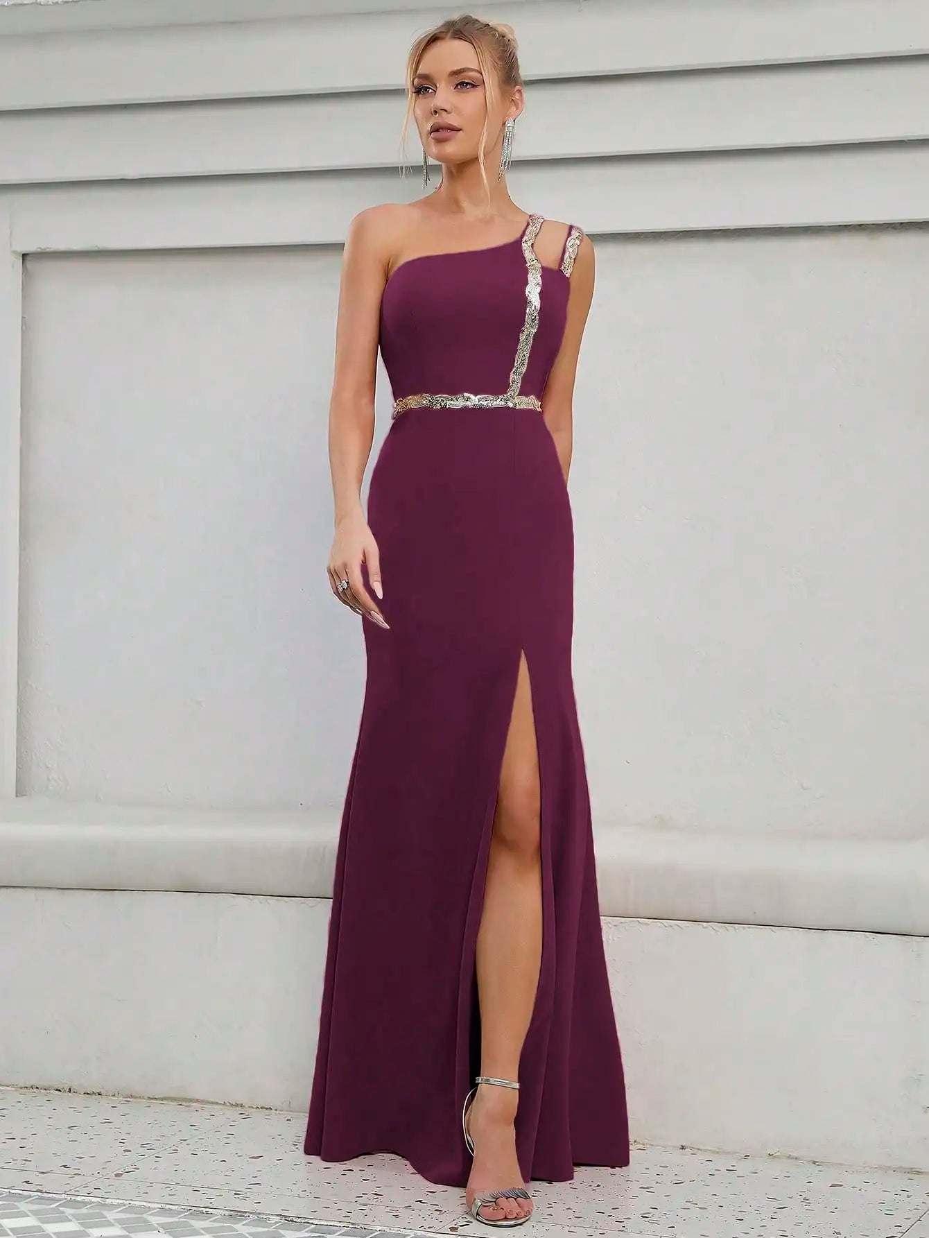 Elegant Strapless Sequin Ribbon Slit Backless Evening Party Ball Bridesmaid Maxi Dress  