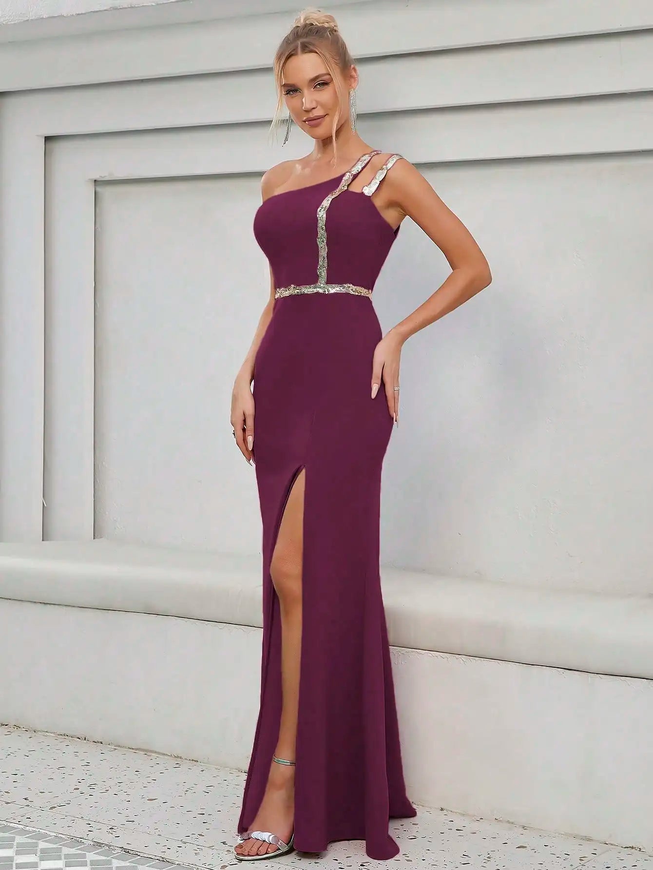 Elegant Strapless Sequin Ribbon Slit Backless Evening Party Ball Bridesmaid Maxi Dress  