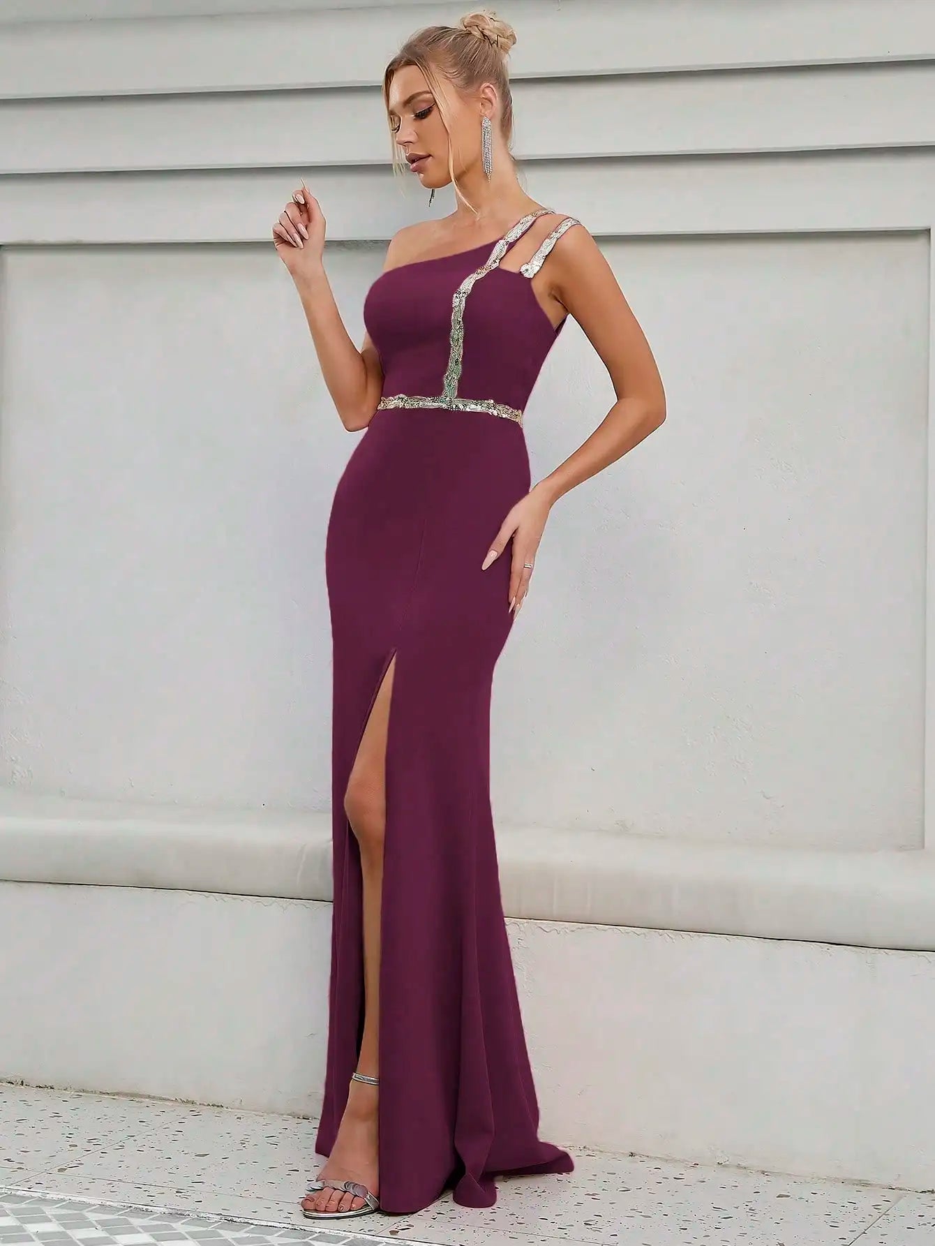 Elegant Strapless Sequin Ribbon Slit Backless Evening Party Ball Bridesmaid Maxi Dress  