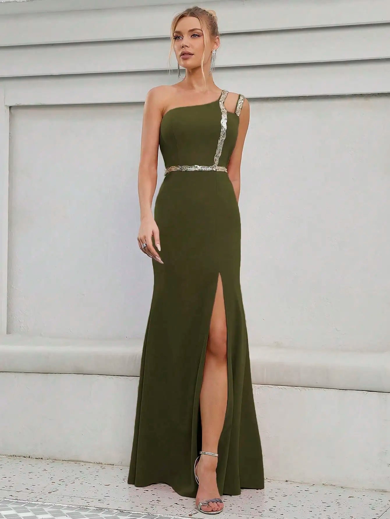 Elegant Strapless Sequin Ribbon Slit Backless Evening Party Ball Bridesmaid Maxi Dress  