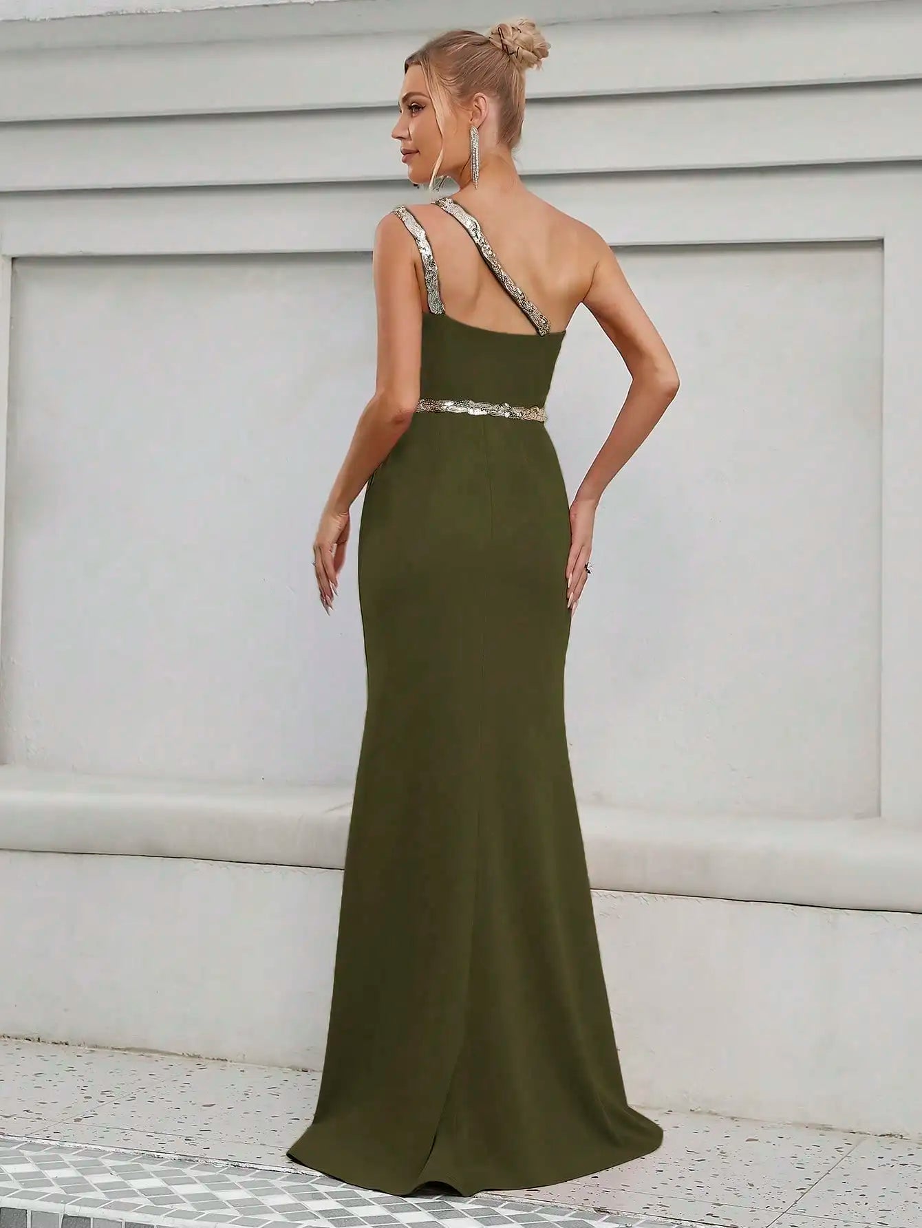 Elegant Strapless Sequin Ribbon Slit Backless Evening Party Ball Bridesmaid Maxi Dress  