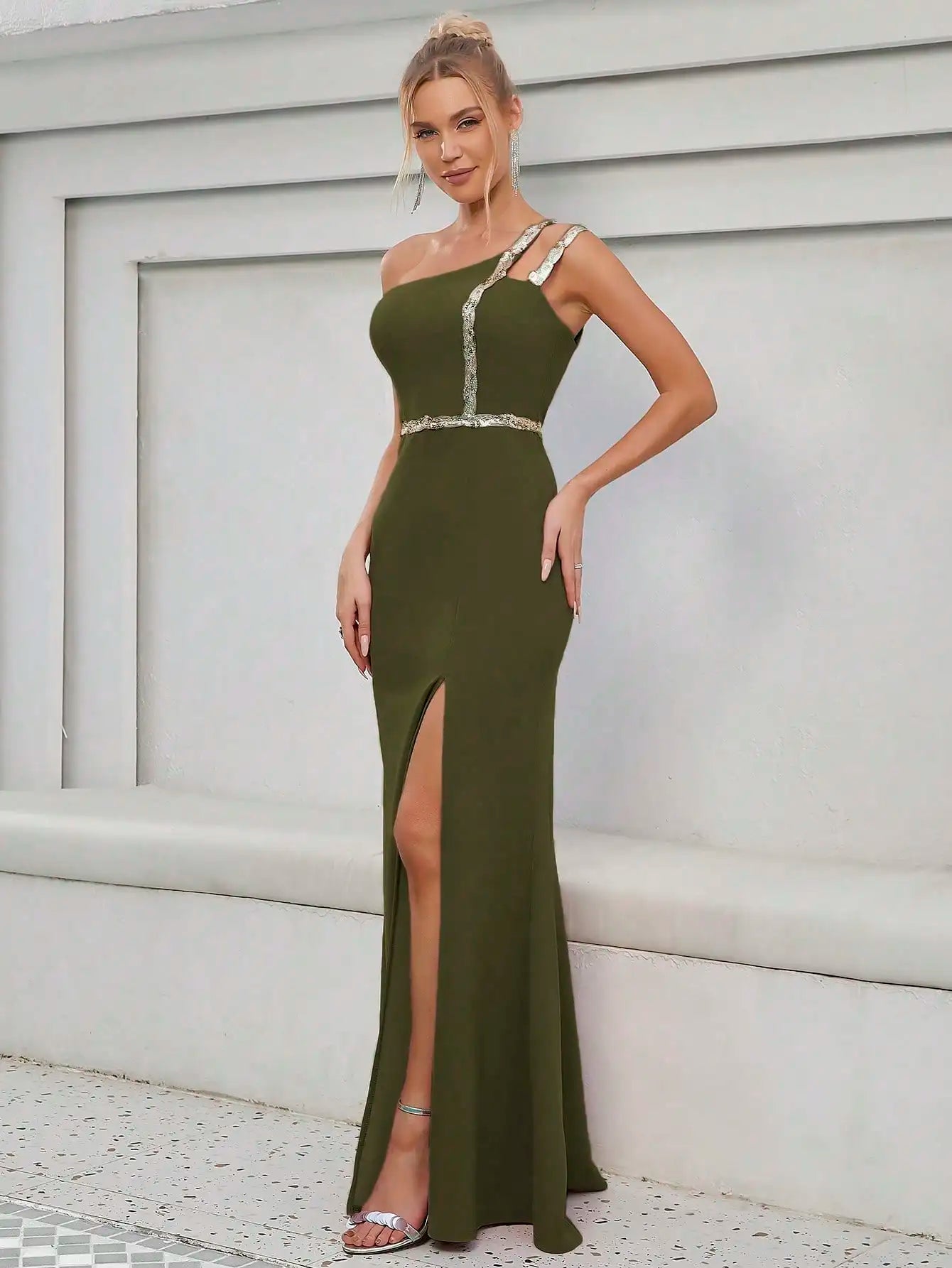 Elegant Strapless Sequin Ribbon Slit Backless Evening Party Ball Bridesmaid Maxi Dress  