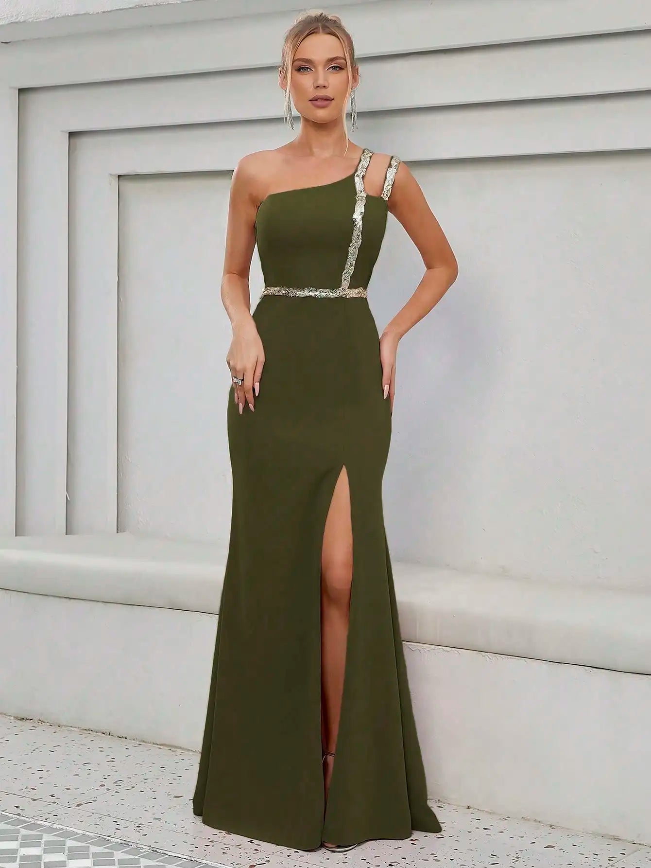 Elegant Strapless Sequin Ribbon Slit Backless Evening Party Ball Bridesmaid Maxi Dress  