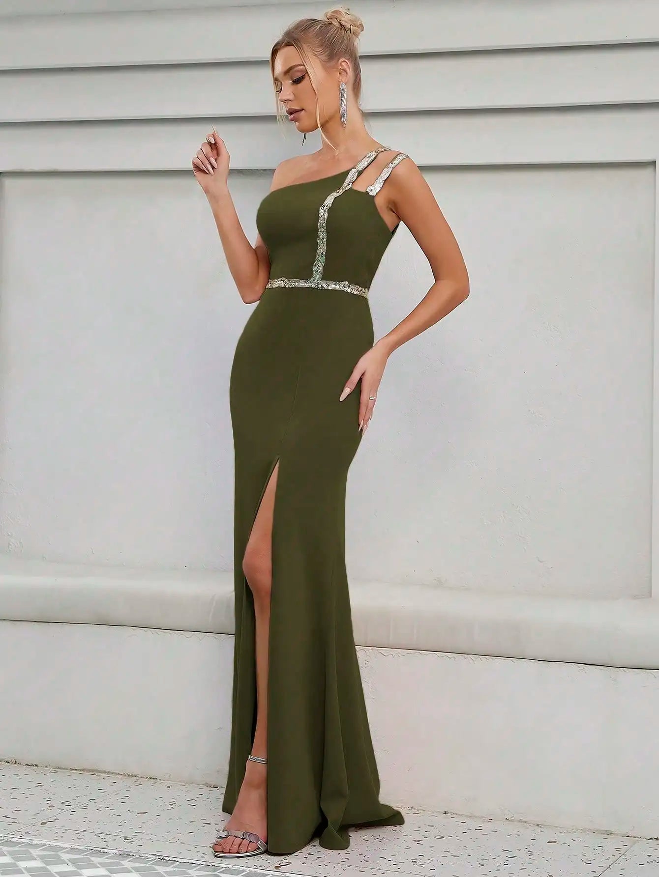 Elegant Strapless Sequin Ribbon Slit Backless Evening Party Ball Bridesmaid Maxi Dress  