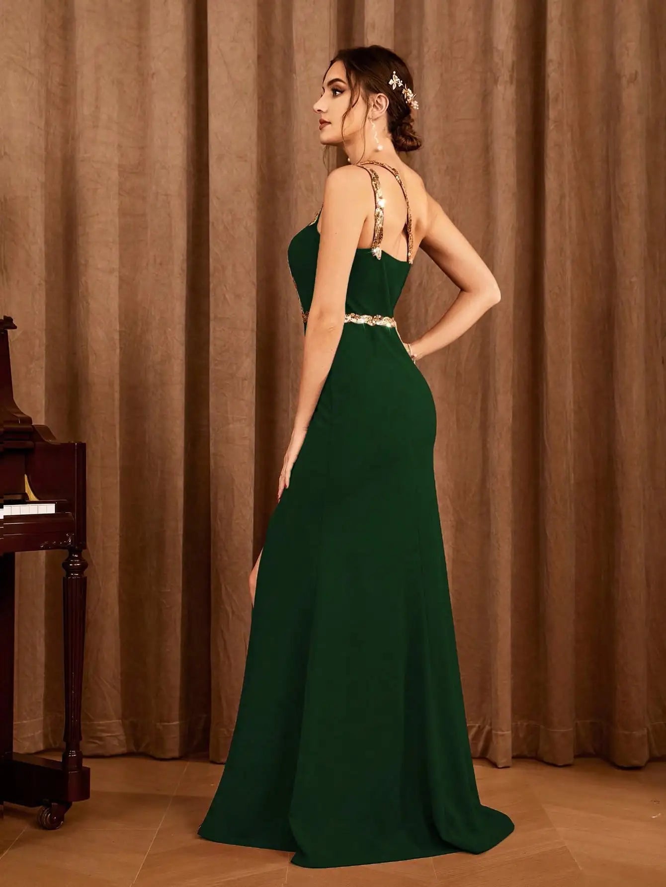 Elegant Strapless Sequin Ribbon Slit Backless Evening Party Ball Bridesmaid Maxi Dress  