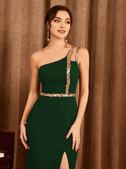 Elegant Strapless Sequin Ribbon Slit Backless Evening Party Ball Bridesmaid Maxi Dress  