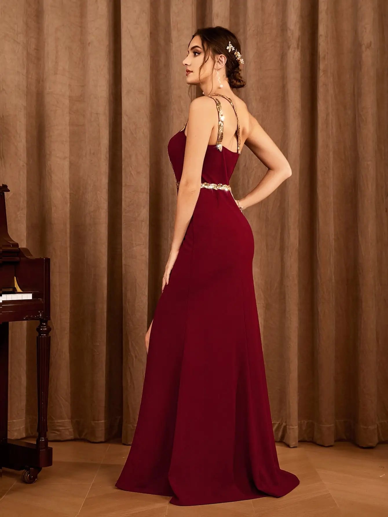 Elegant Strapless Sequin Ribbon Slit Backless Evening Party Ball Bridesmaid Maxi Dress  