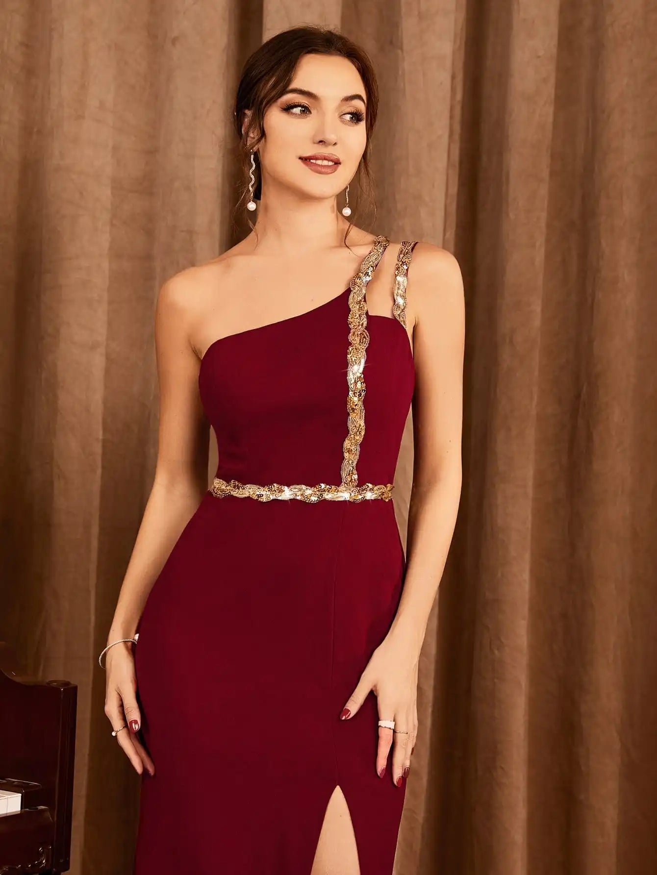 Elegant Strapless Sequin Ribbon Slit Backless Evening Party Ball Bridesmaid Maxi Dress  