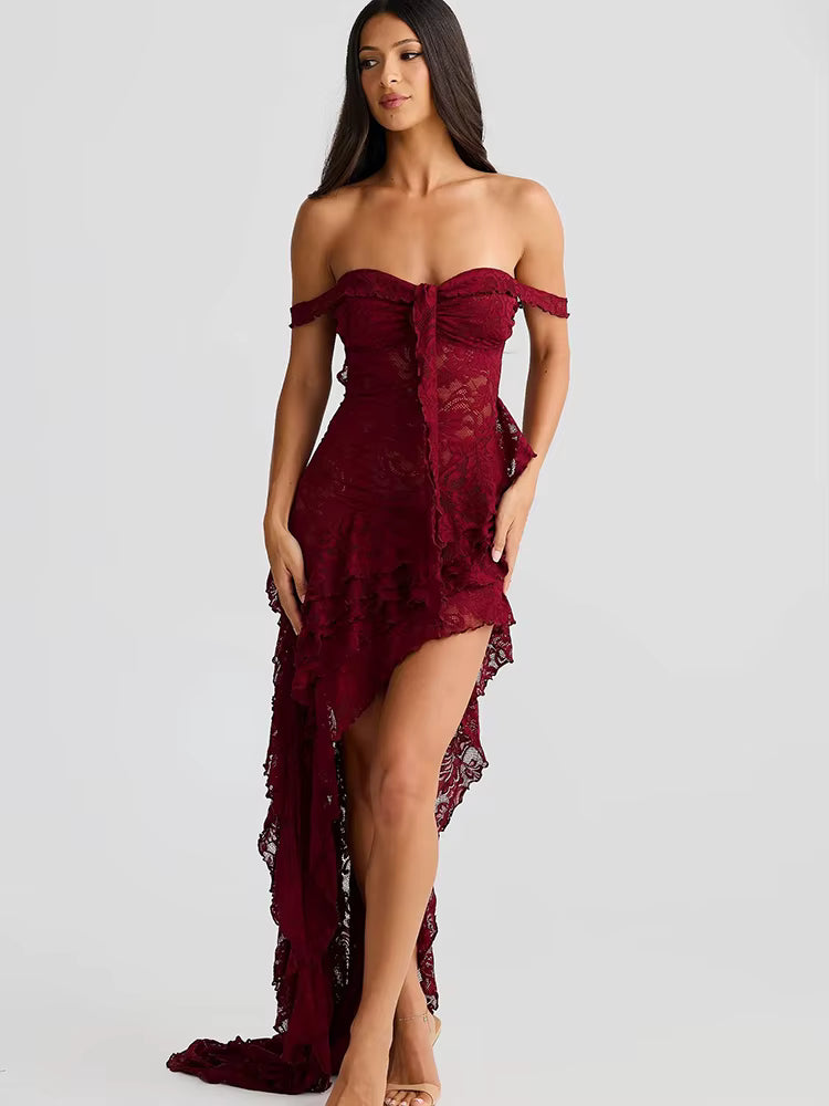 Elegant Strapless Sheer Ruffle Backless Lace Up Dress