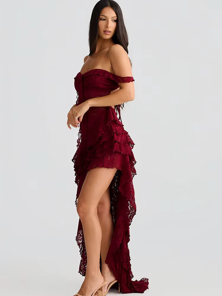 Elegant Strapless Sheer Ruffle Backless Lace Up Dress