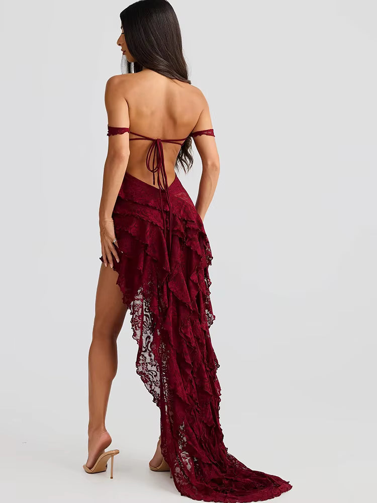 Elegant Strapless Sheer Ruffle Backless Lace Up Dress