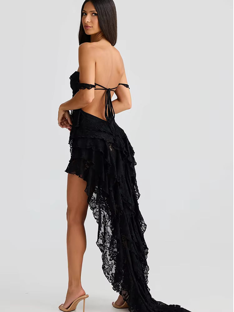 Elegant Strapless Sheer Ruffle Backless Lace Up Dress