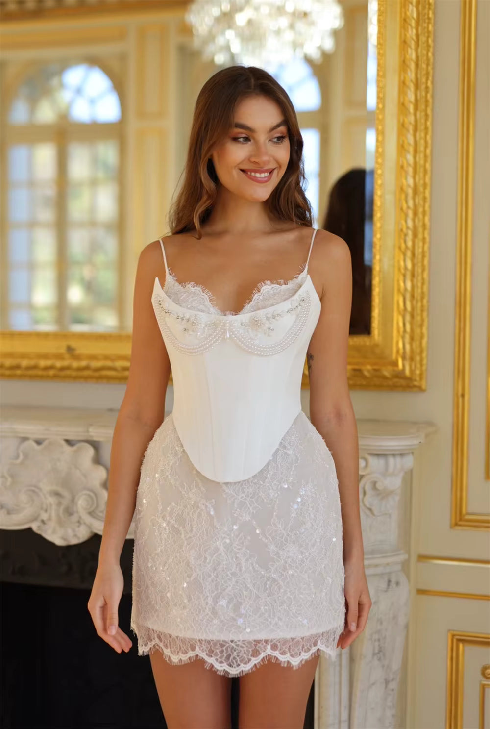 Elegant Strapless Sleeveless Lace Scalloped With Pearls Neck Wedding Mini Dress