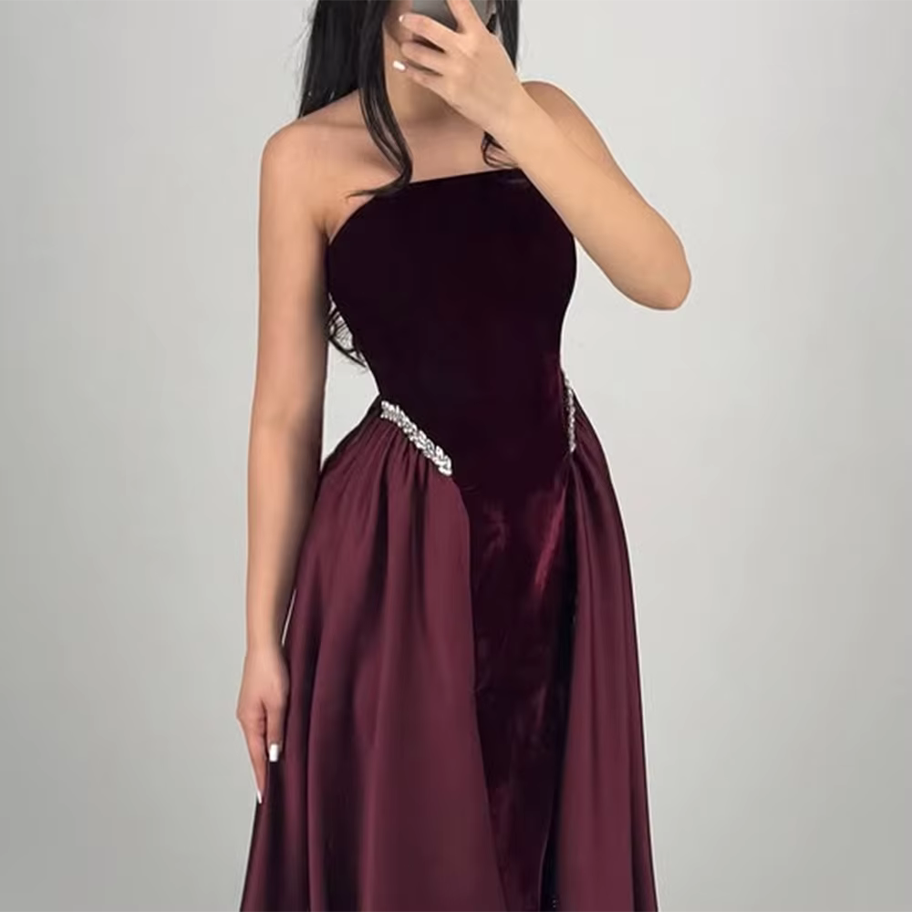 Elegant Strapless Sleeveless Patchwork Solid Temperament Maxi Dress