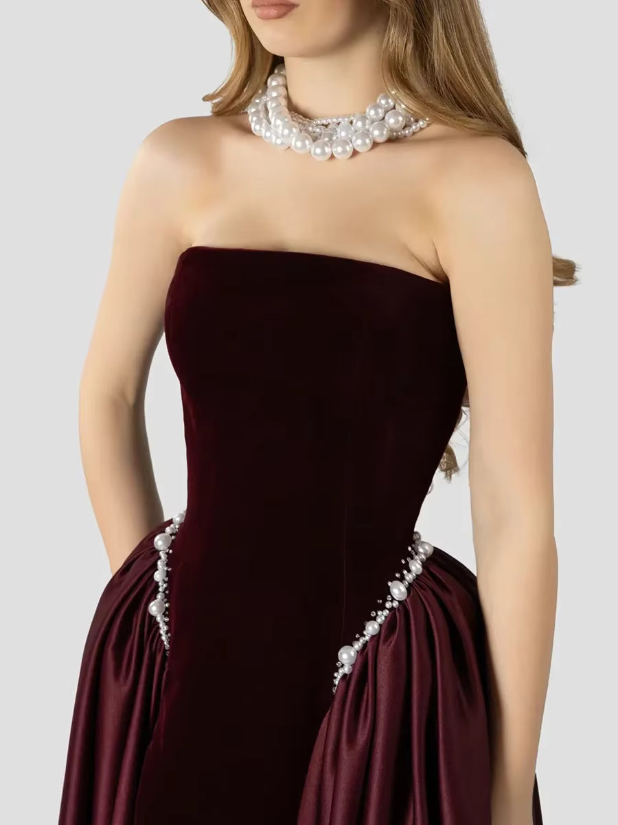 Elegant Strapless Sleeveless Patchwork Solid Temperament Maxi Dress