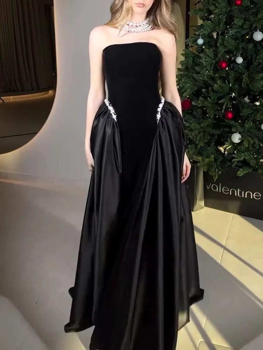 Elegant Strapless Sleeveless Patchwork Solid Temperament Maxi Dress