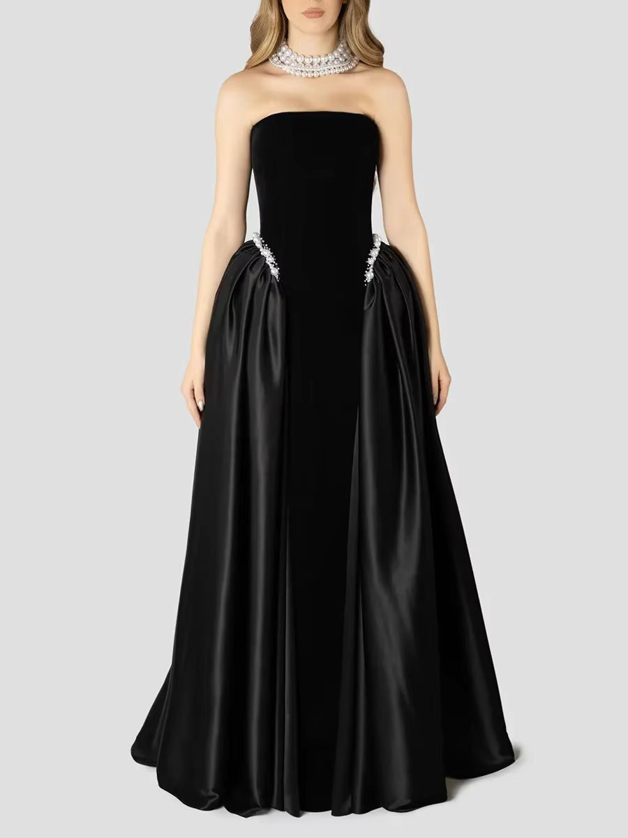 Elegant Strapless Sleeveless Patchwork Solid Temperament Maxi Dress
