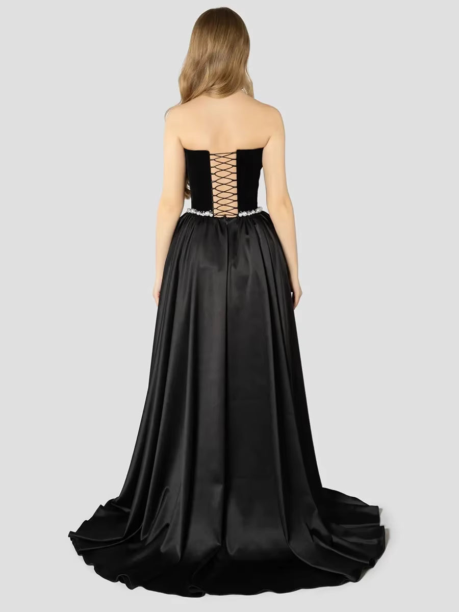 Elegant Strapless Sleeveless Patchwork Solid Temperament Maxi Dress